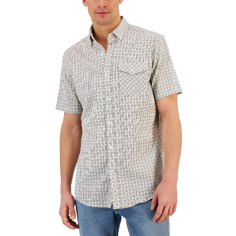 Club Room Mens Flamingo Plaid Woven Button-Down Shirt Classic V-Neck Short Shirt