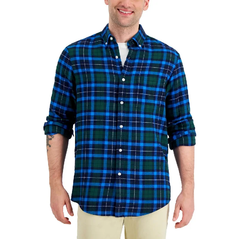 Club Room Mens Flannel Buffalo Plaid Button-Down Shirt Chic V-Neck Short Blouse