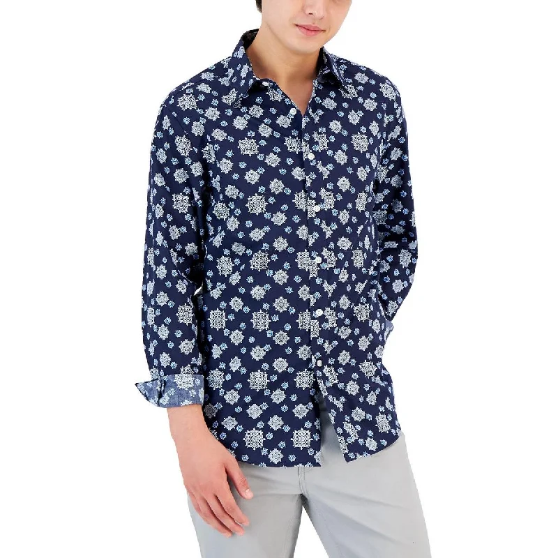 Club Room Mens Geometric Medallion Button-Down Shirt Modern Short Sleeve Top
