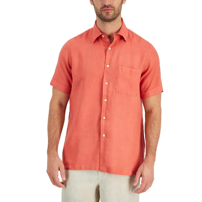 Club Room Mens Linen Collared Button-Down Shirt Soft Silk Short Sleeve