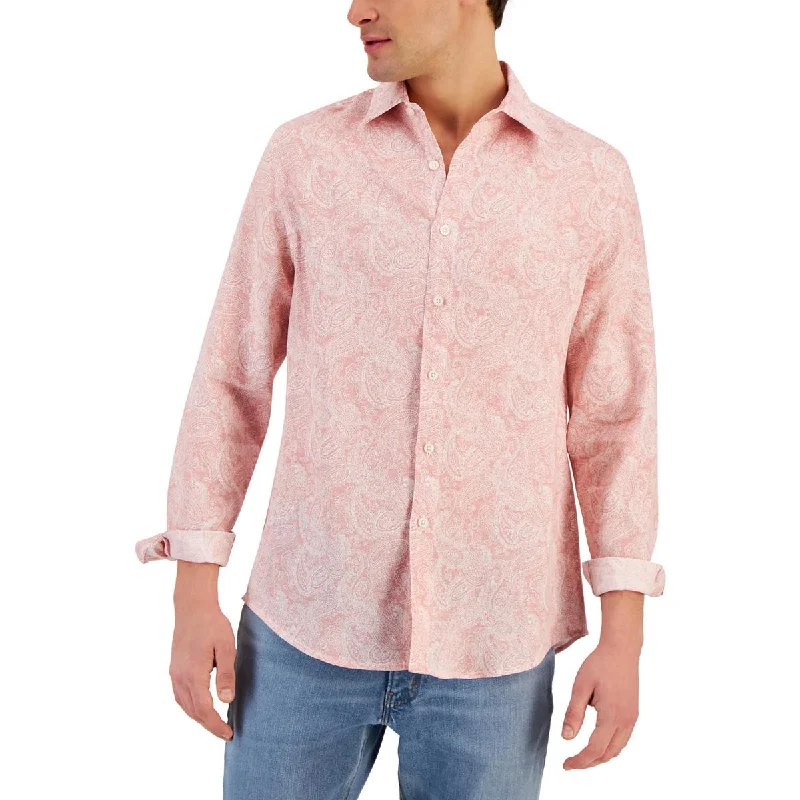Club Room Mens   Linen Office Button-Down Shirt Casual Ruffle Short Shirt