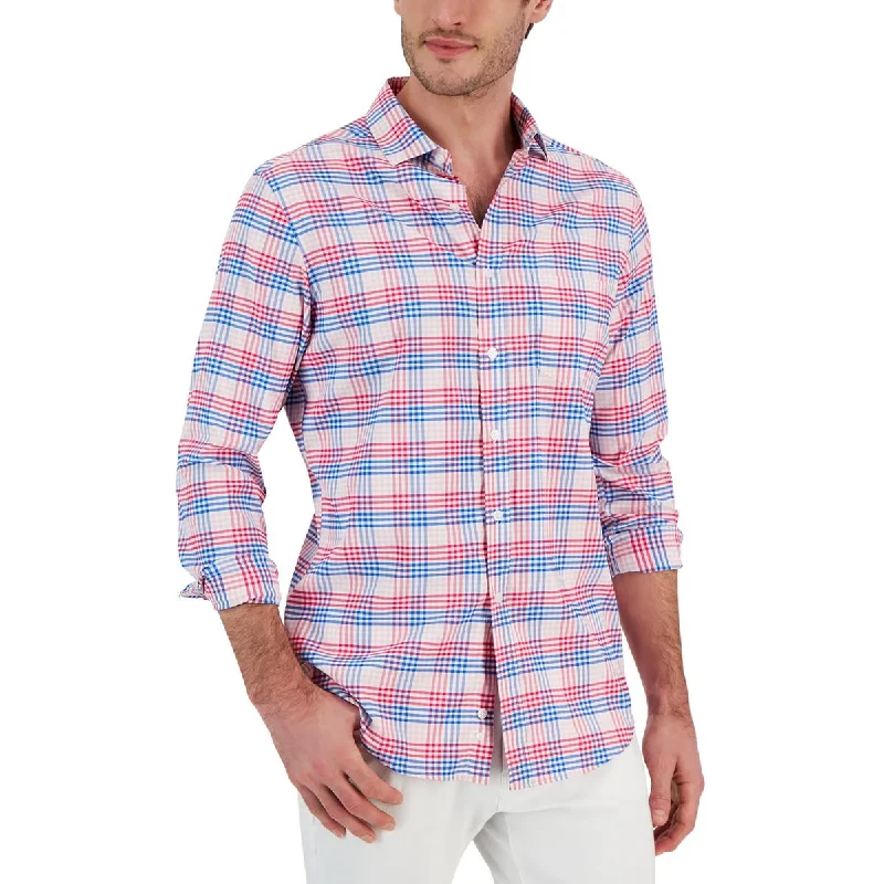 Club Room Mens Malia Plaid Woven Button-Down Shirt Stylish Printed Short Shirt