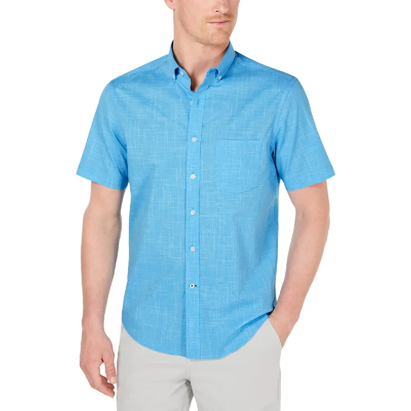 Club Room Mens Micro Check Stretch Button-Down Shirt Stylish Short Sleeve Top
