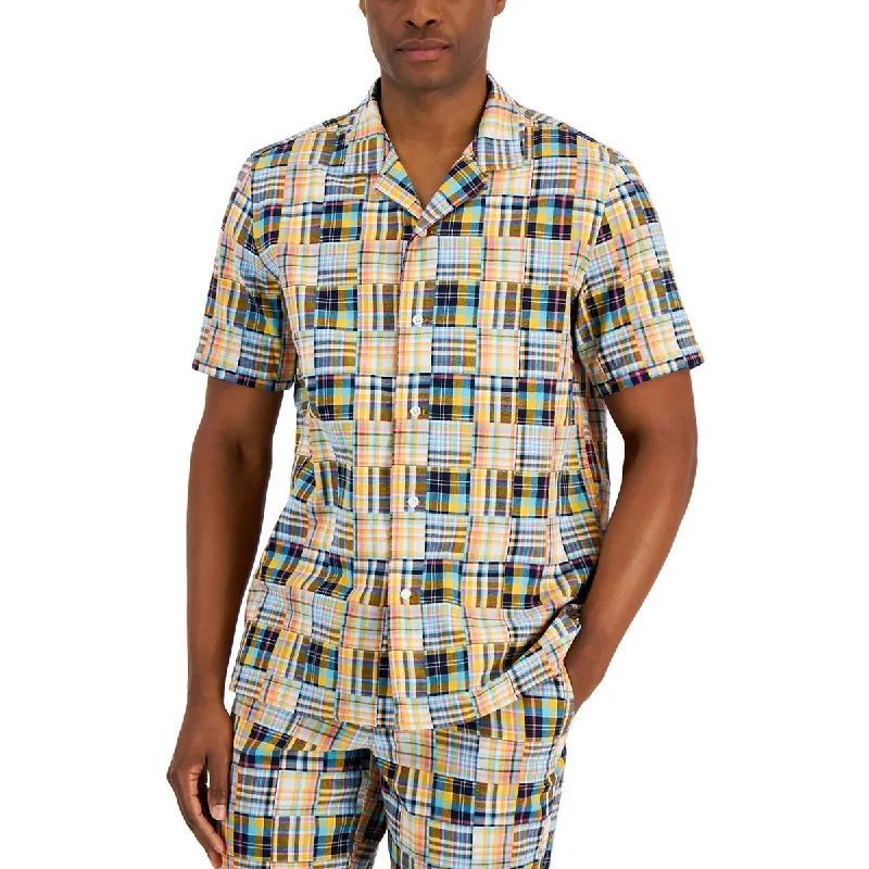 Club Room Mens Patch Plaid Button-Down Shirt Trendy Short Sleeve Tunic