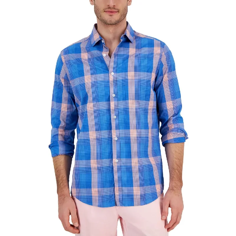 Club Room Mens Plaid Classis Fit Button-Down Shirt Stylish Striped Short Sleeve