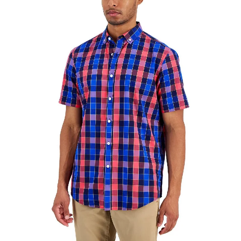 Club Room Mens Plaid Collar Button-Down Shirt Fashionable Plaid Short Sleeve