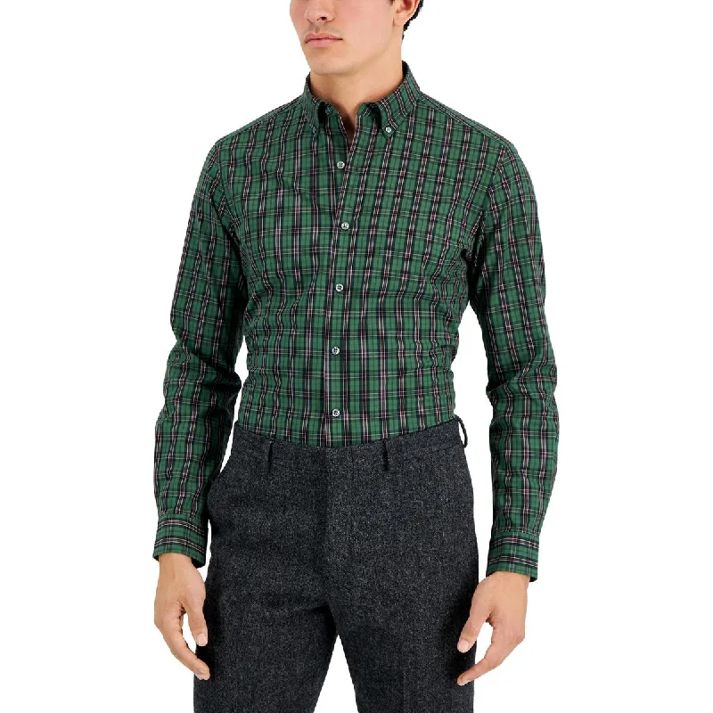 Club Room Mens Plaid Point Collar Button-Down Shirt Cozy Knit Short Sleeve Top