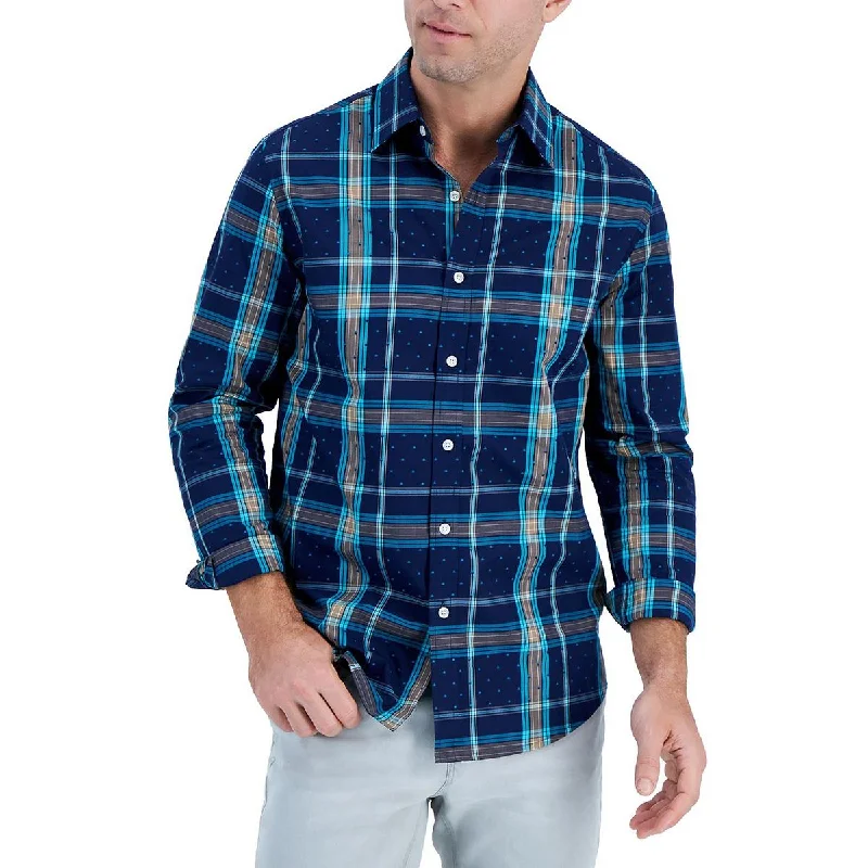 Club Room Mens Cotton Plaid Button-Down Shirt Elegant Lace Short Sleeve