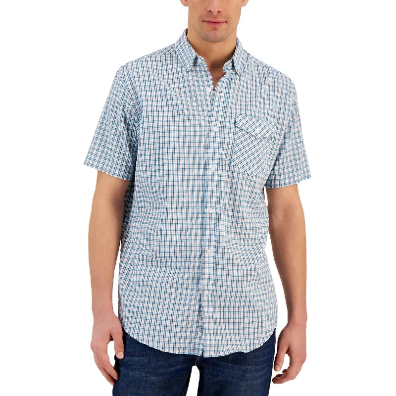 Club Room Mens Plaid Woven Button-Down Shirt Trendy Sleeveless Short Shirt