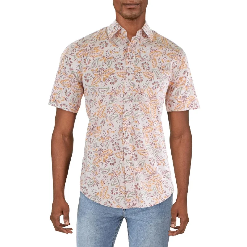 Club Room Mens Printed Cotton Button-Down Shirt Classic Short Sleeve Tunic