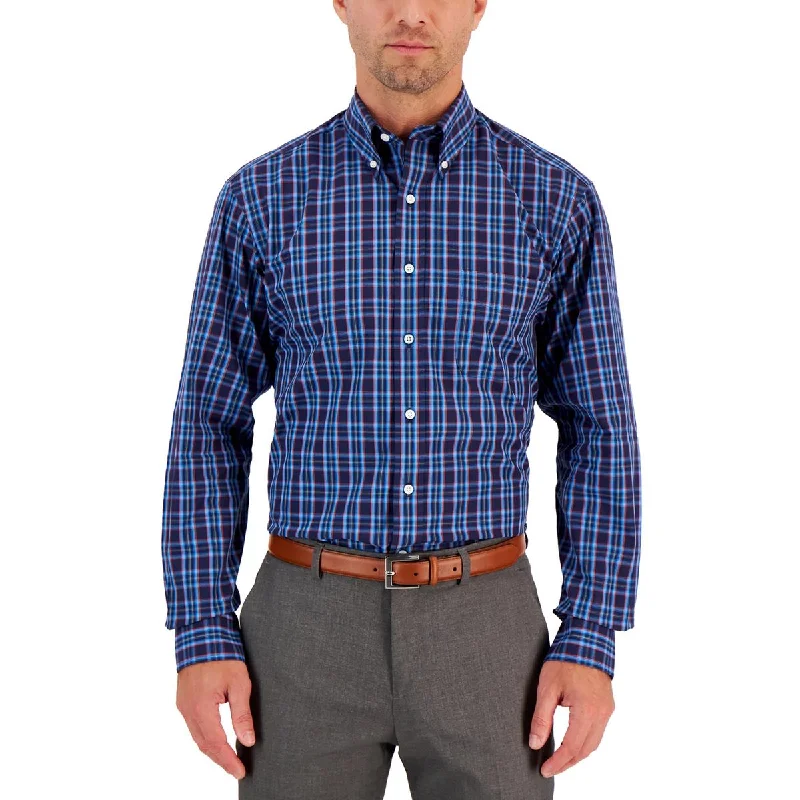 Club Room Mens Rojo Plaid Cotton Button-Down Shirt Stylish Pleated Short Sleeve
