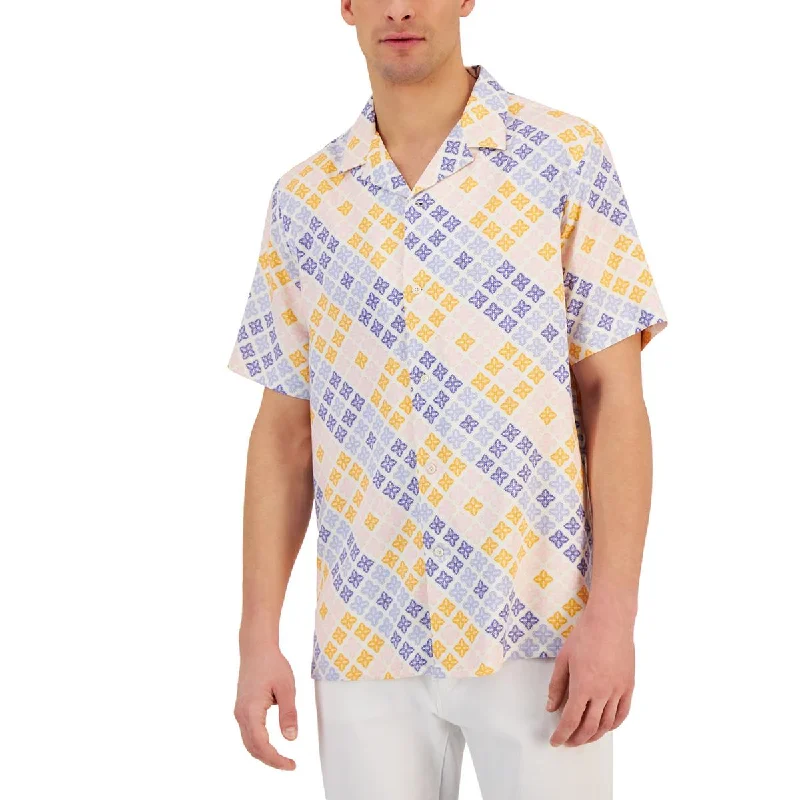 Club Room Mens Silk Button-Down Shirt Classic Solid Short Shirt