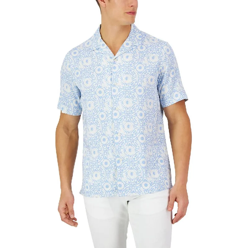 Club Room Mens Silk Floral Button-Down Shirt Fashionable Button-Front Short Sleeve