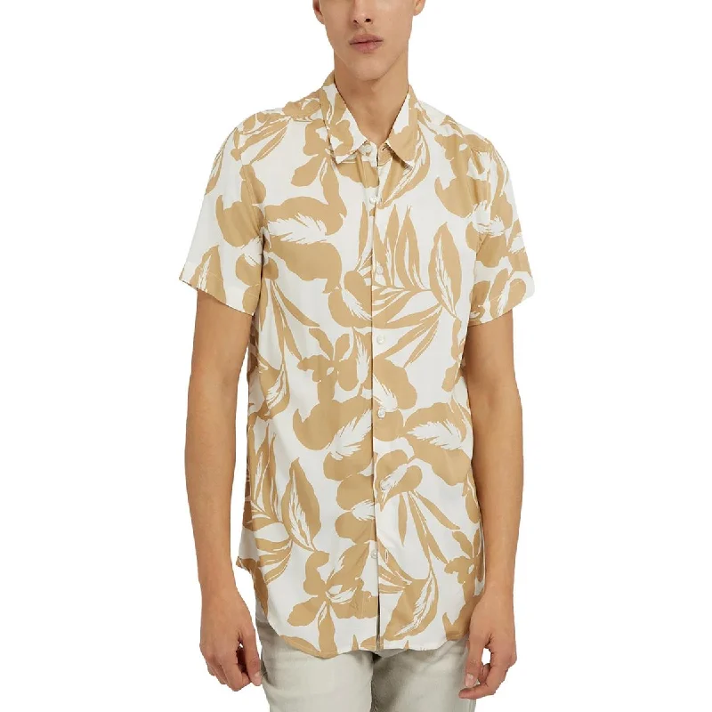 Guess Mens Collared Printed Button-Down Shirt Fashionable Button-Front Short Sleeve