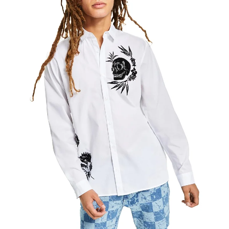 INC Mens Floral Skull Flocked Regular Fit Button-Down Shirt Elegant Draped Short Sleeve INC Mens Floral Skull Flocked Regular Fit Button-Down Shirt Elegant Draped Short Sleeve
