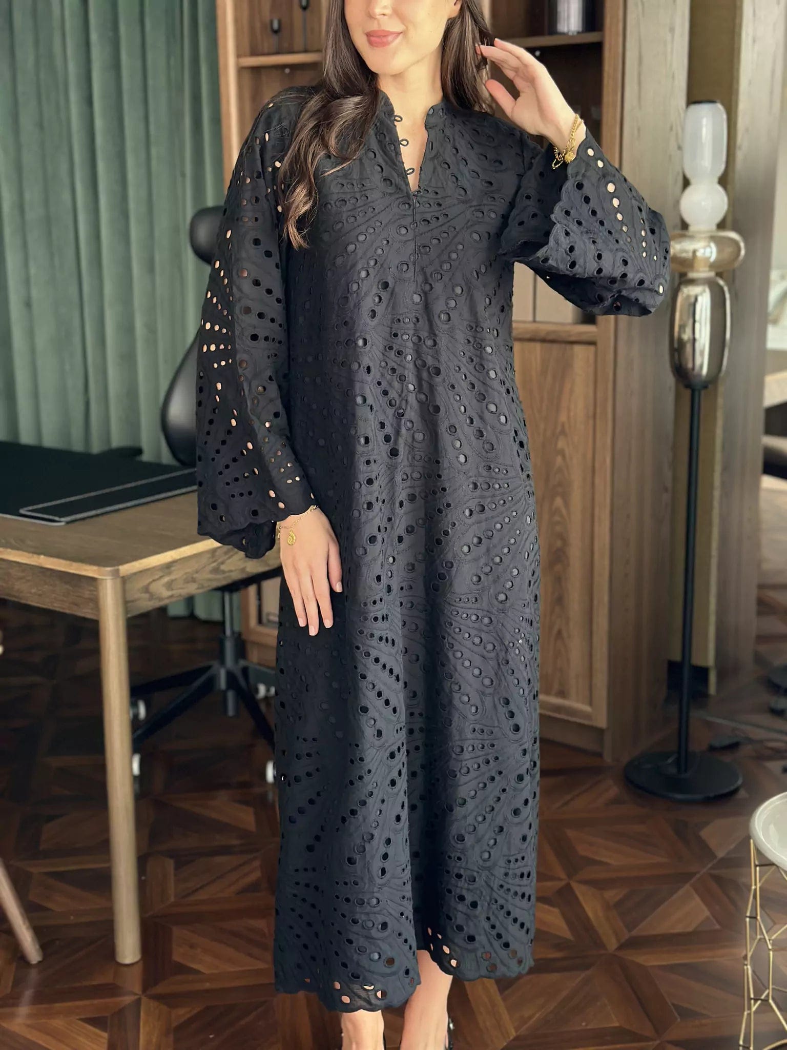 Ione Black Long Cutwork Shirt Comfortable Pocket Short Shirt
