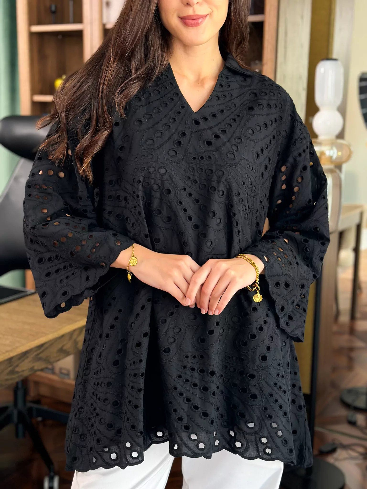 Koyal Black Cutwork Shirt Casual Slouchy Short Sleeve