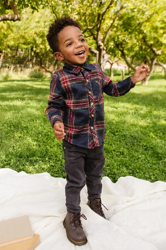 Boys John Shirt in Madeline Navy Plaid Relaxed Fit Short Tunic