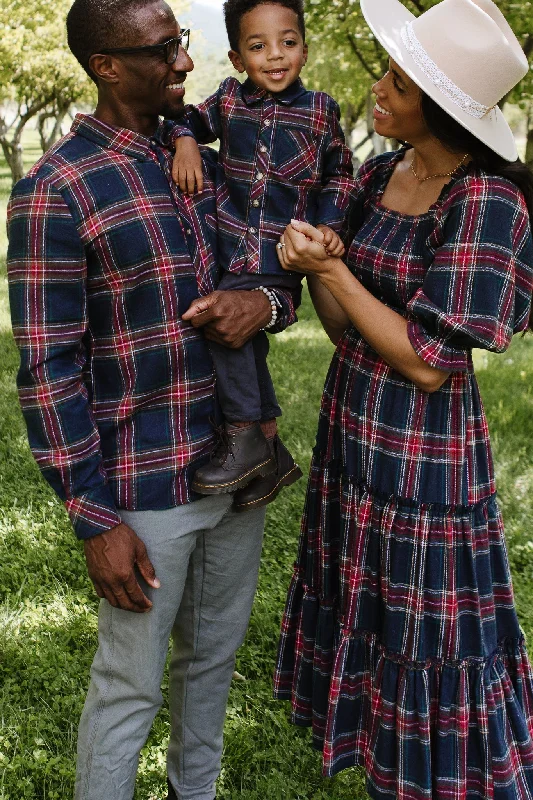 Mens John Shirt in Madeline Navy Plaid Soft Silk Short Sleeve