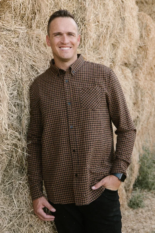 Mens John Shirt in Maple Brown Gingham Cozy Plain Short Sleeve