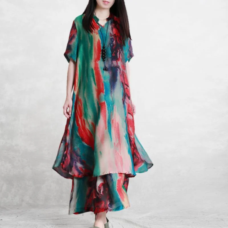 New fashion green printed blend silk art suit female long elegant loose shirt Classic Short Sleeve Blouse New fashion green printed blend silk art suit female long elegant loose shirt Classic Short Sleeve Blouse