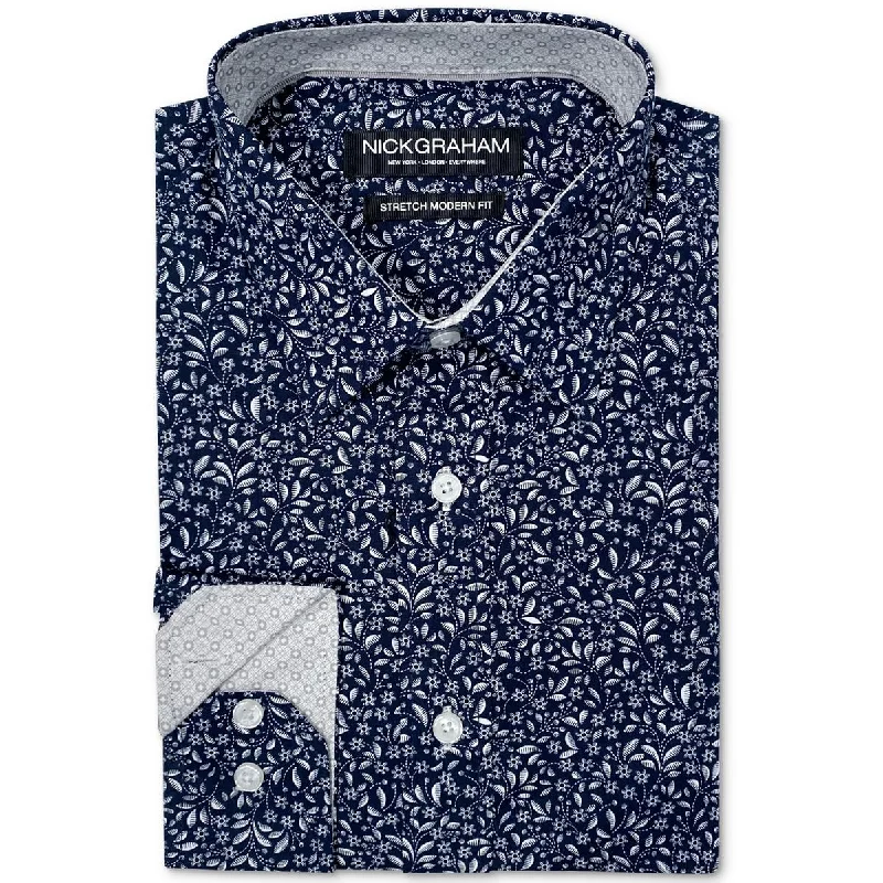 Nick Graham Mens Printed Cotton Button-Down Shirt Fashionable Draped Short Sleeve