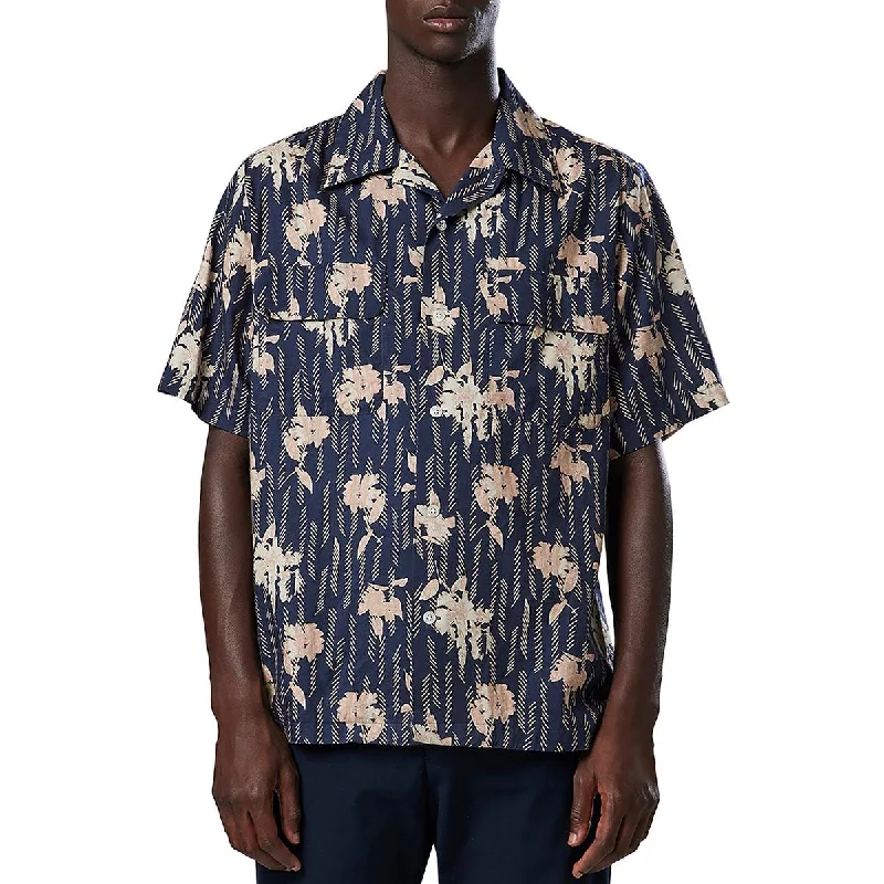NN07  Mens Daniel Printed Collar Button-Down Shirt Trendy Short Sleeve Blouse