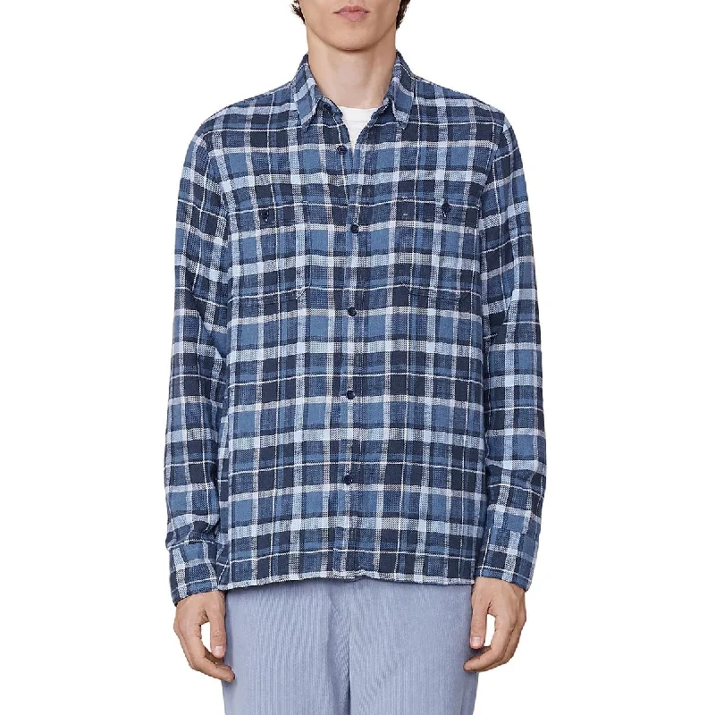 Officine Générale Mens Cotton Plaid Button-Down Shirt Classic Short Sleeve Blouse