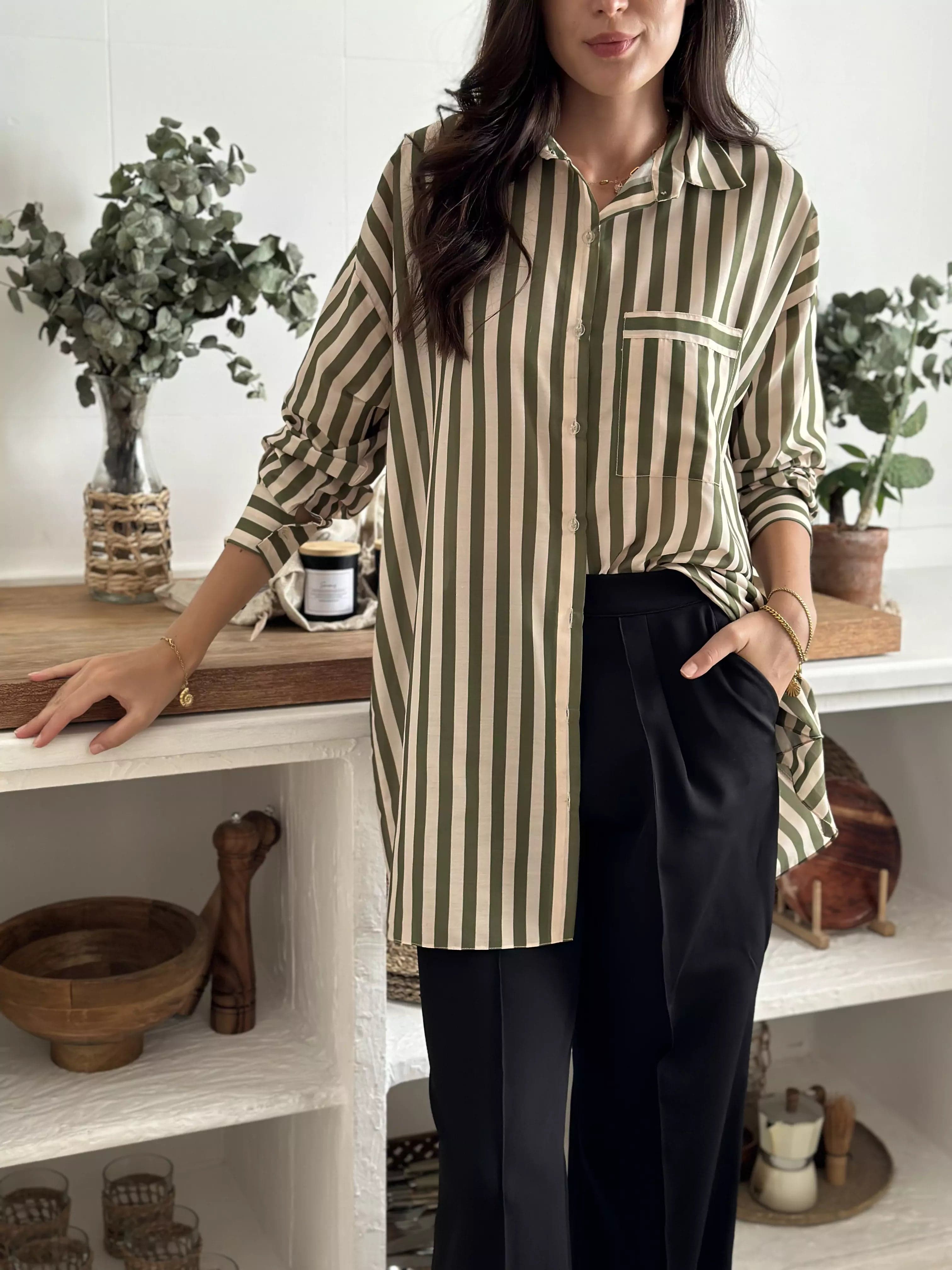 Olive Green Stripe Button Down Shirt Cozy Knit Short Sleeve Top