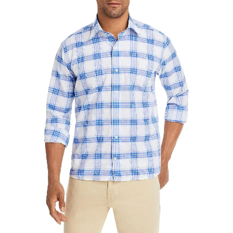 Peter Millar Mens Duke Plaid Twill Button-Down Shirt Soft Cotton Short Shirt