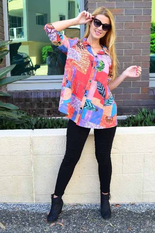 Quilted Pocket High Collar Tunic Shirt Trendy Short Sleeve Tunic