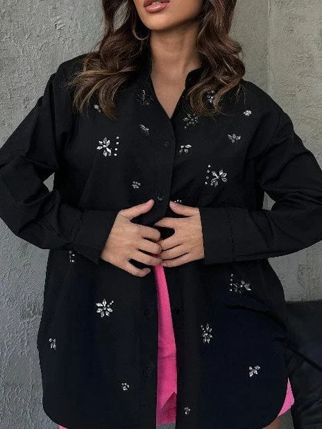 Raya Sparkle Poplin Shirt - Black Classic Denim Short Sleeve