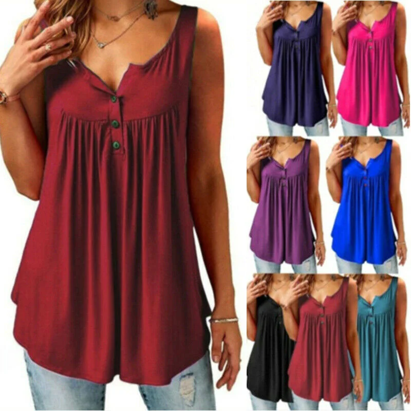 Sleeveless Casual V Neck T Shirt Relaxed Fit Short Blouse