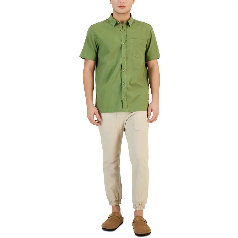 Sun + Stone Mens Blake Linen Button-Down Shirt Stylish Crew Neck Shirt