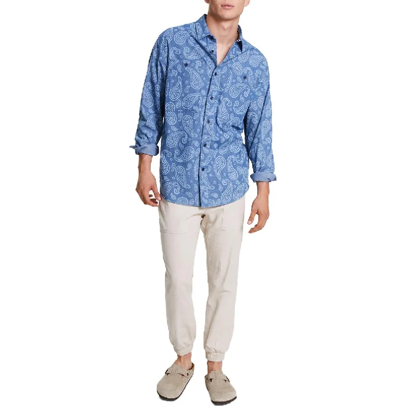 Sun + Stone Mens Cotton Paisley Button-Down Shirt Soft Cotton Short Tee