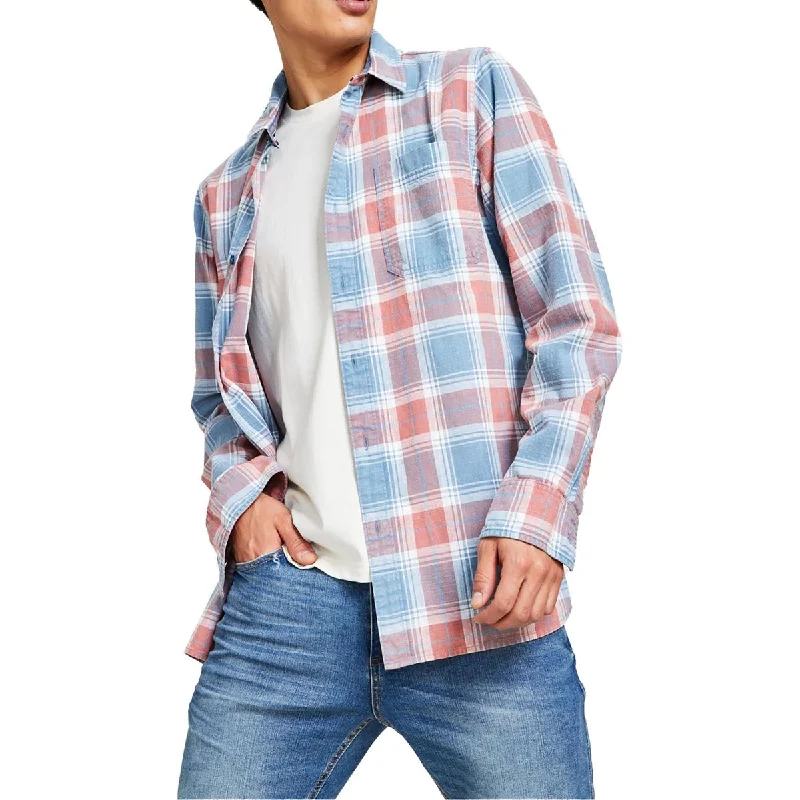 Sun + Stone Mens Plaid Cotton Button-Down Shirt Comfortable Short Sleeve Tee