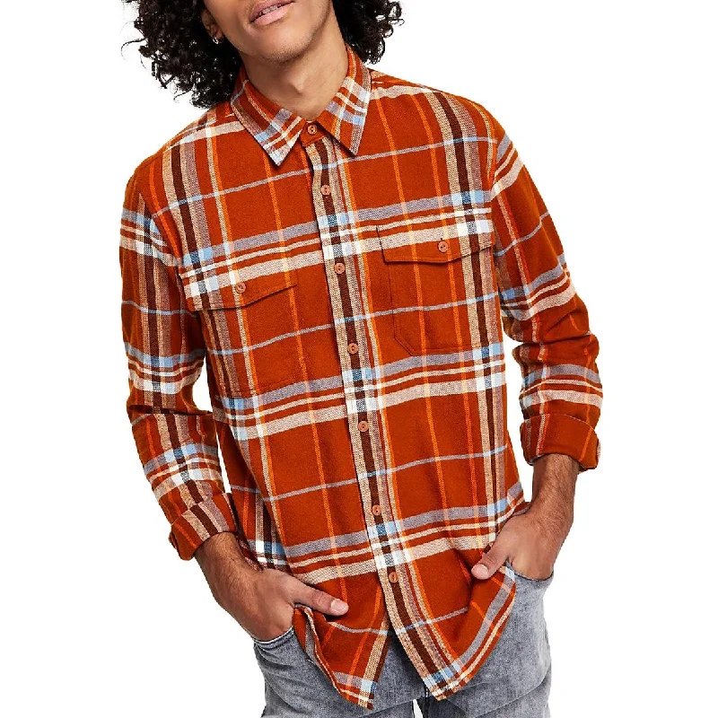 Sun + Stone Mens Plaid Flannel Button-Down Shirt Fashionable Pleated Short Shirt