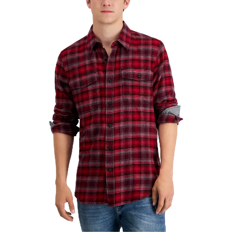 Sun + Stone Mens Rona Cotton Plaid Button-Down Shirt Trendy Floral Short Sleeve