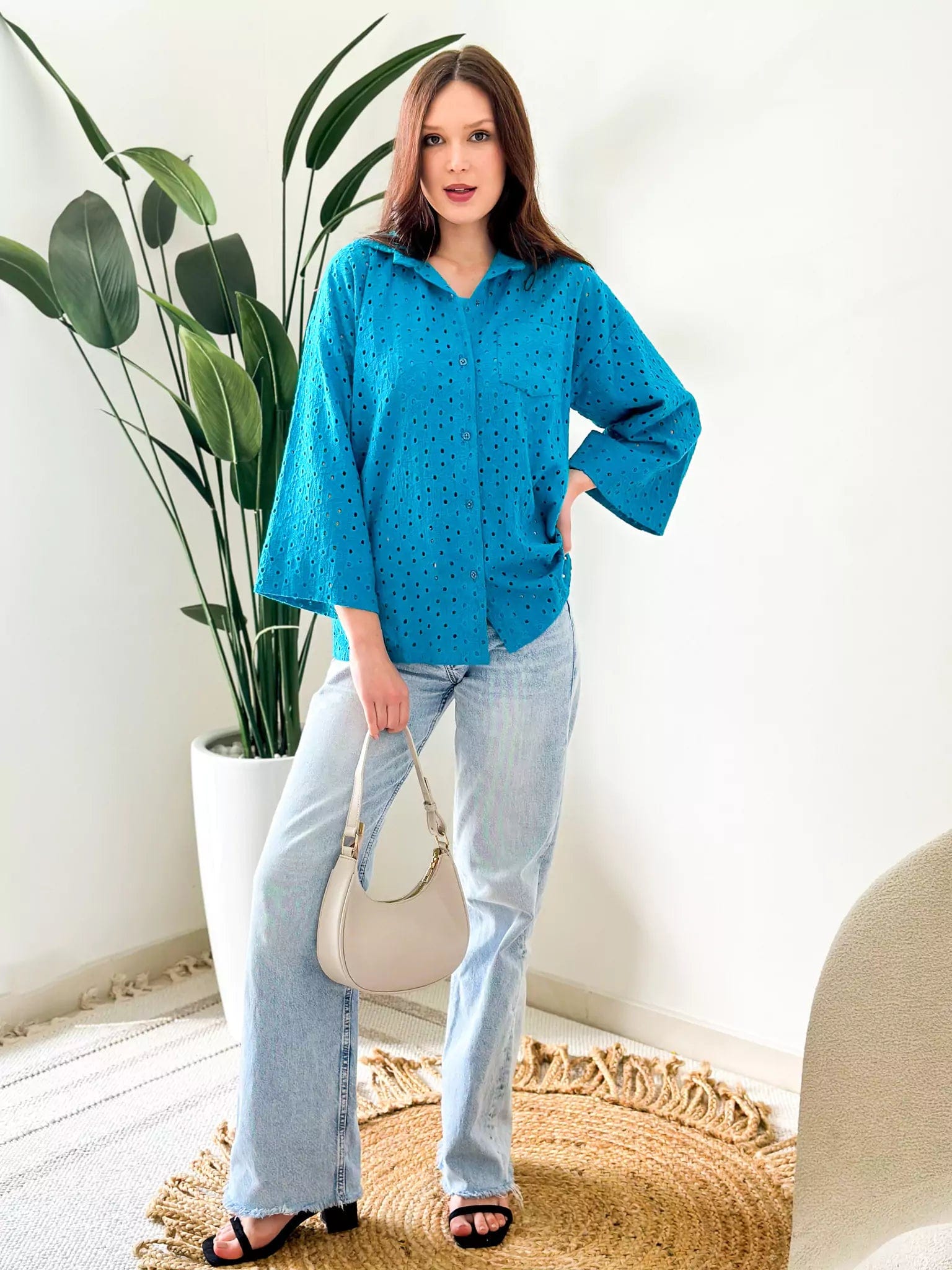 Tealicious Cutwork Shirt With Inner Casual Cotton Short Shirt