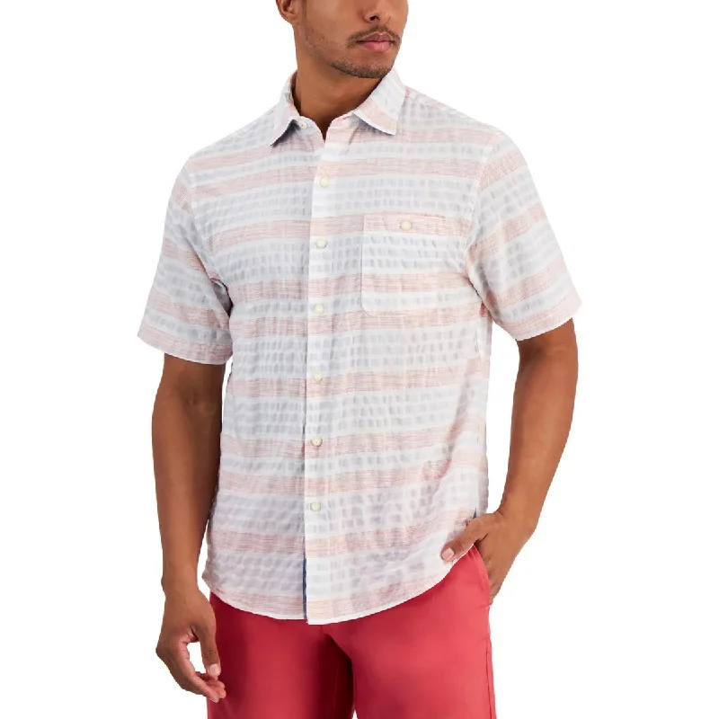 Tommy Bahama Mens Striped Collar Button-Down Shirt Comfortable Knit Short Shirt