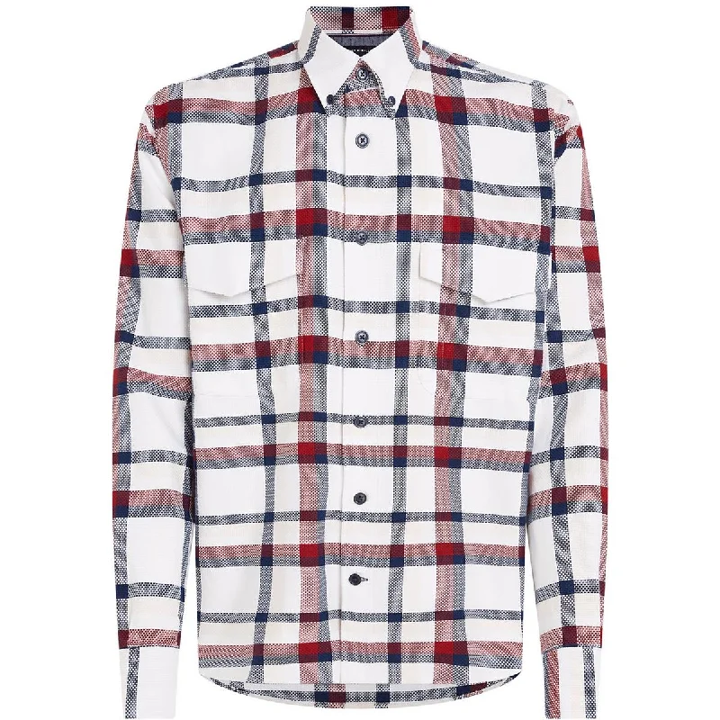 Tommy Hilfiger Mens Cotton Plaid Button-Down Shirt Casual Button-Up Short Tee