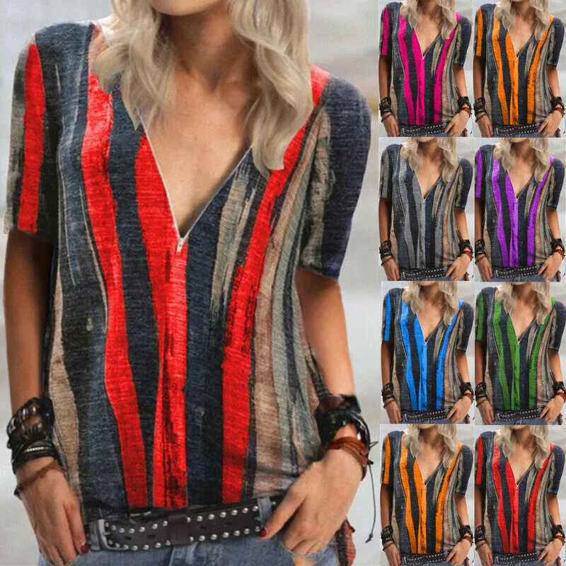 V Neck Casual T Shirt Zipper Tops Comfortable Summer Short Shirt