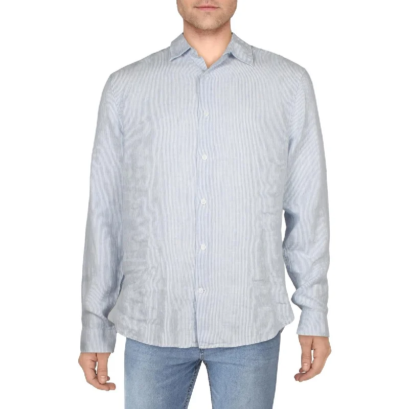 Vince Mens Linen Long Sleeve Button-Down Shirt Cozy Striped Short Sleeve