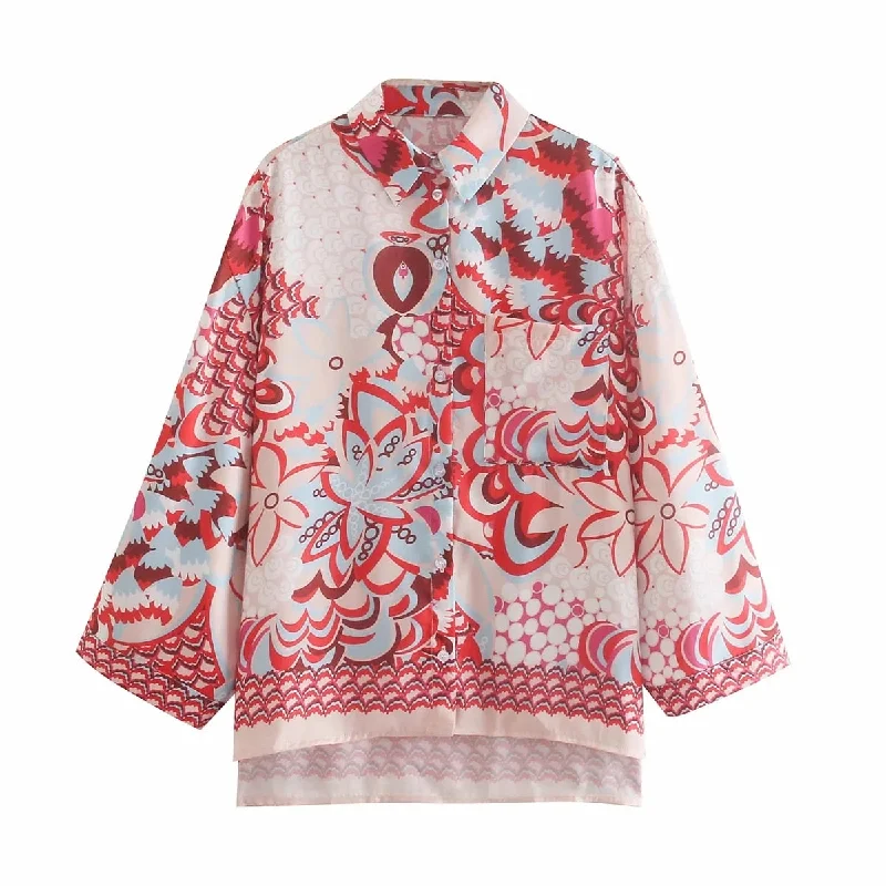 Vintage Totem Floral Print Women Shirt Elegant Lace Short Sleeve
