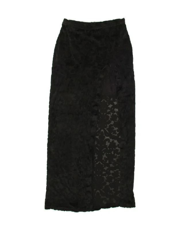 VINTAGE Womens Maxi Skirt W28 Medium Black Floral Nylon chiffon skirt airy