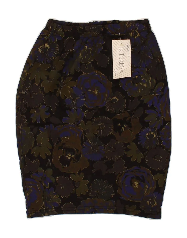 VINTAGE Womens Pencil Skirt W24 XS Black Floral Cotton