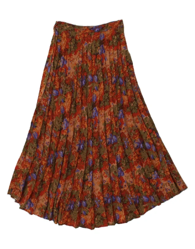 VINTAGE Womens Pleated Skirt W24 XS Brown Floral Wool linen skirt relaxed