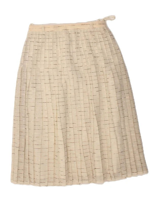 VINTAGE Womens Pleated Skirt W28 Medium Beige Pinstripe leather skirt bold