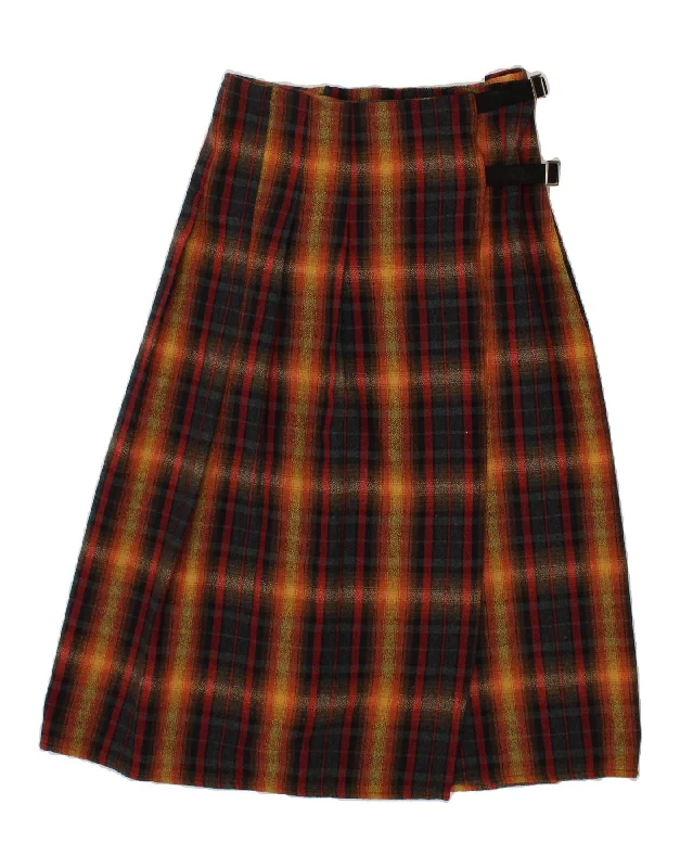 VINTAGE Womens Wrap Skirt Medium W34 Orange Check Acrylic belted skirt waist