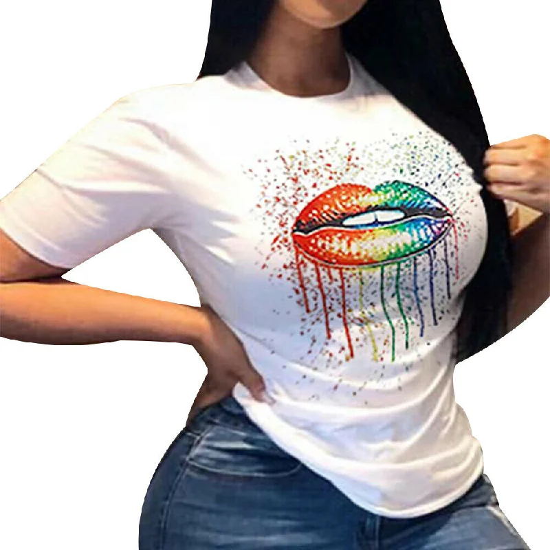 Women Lips Printed Short Sleeve T Shirt Tops Casual Button-Down Short Shirt